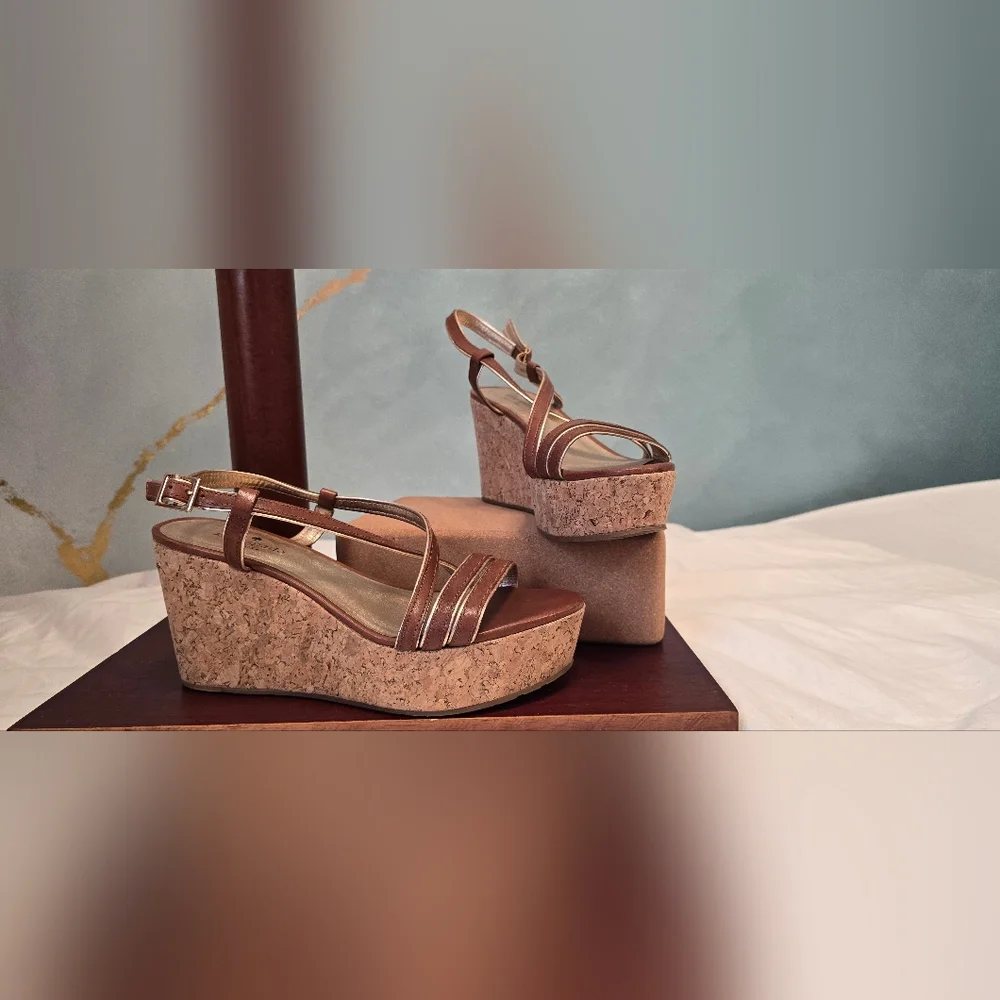 kate spade Brown Leather Strappy Platform Sandals With Cork Wedge Heels 7.5